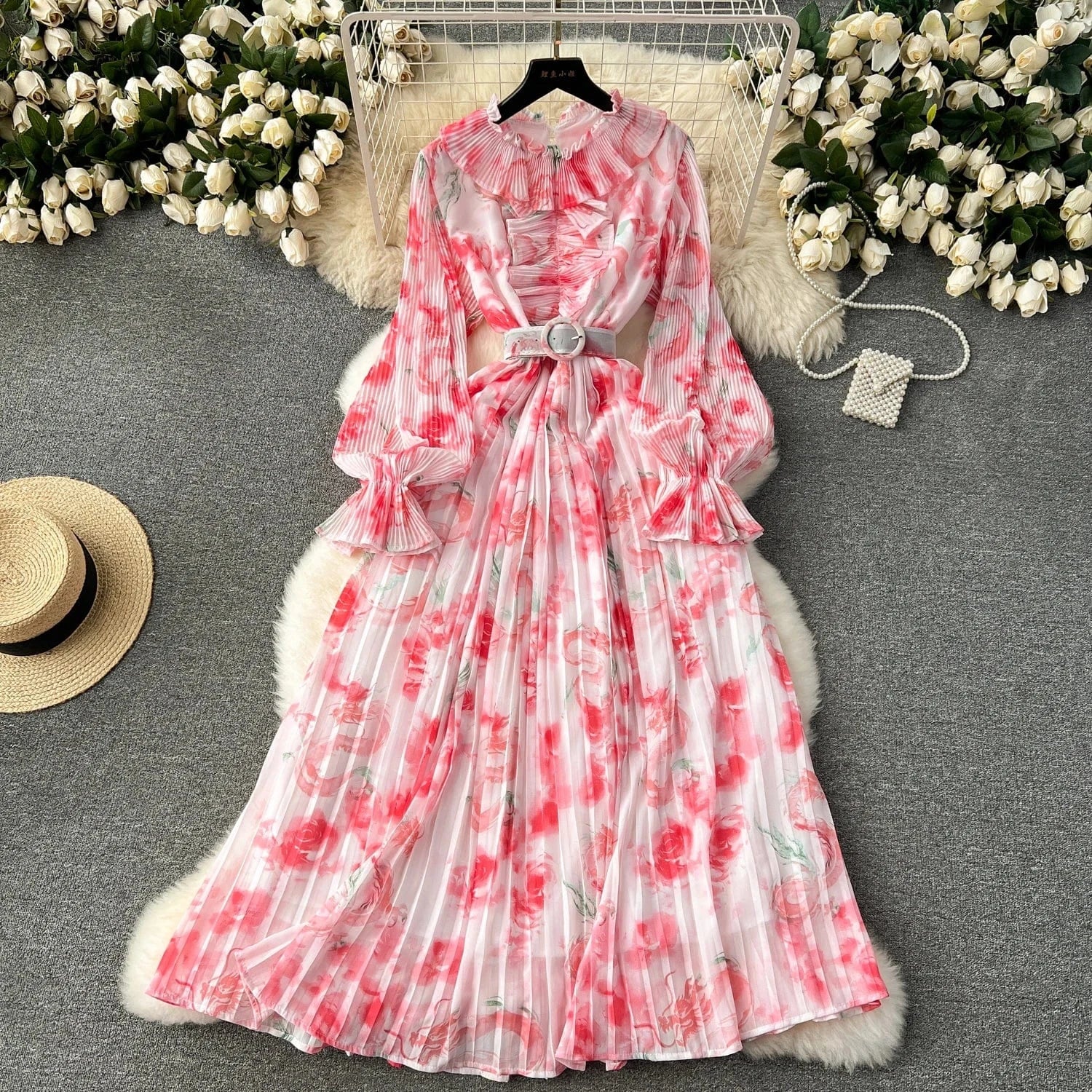 Free / Pink 2024 New Dress Women's Sweet Auricularia Ruffle Collar Slim Fit Mid length Printed Chiffon Pleated Skirt