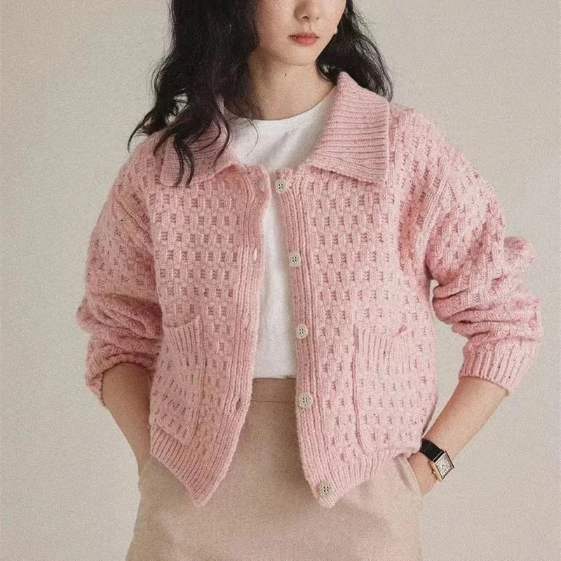 Free / Pink 2024 Spring fashionable women crew neck lapel long sleeve solid crochet sweater cardigan