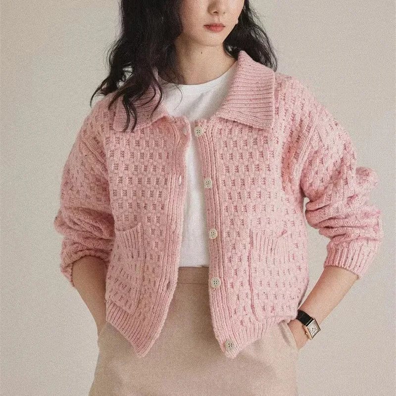 Free / Pink 2024 Spring fashionable women crew neck lapel long sleeve solid crochet sweater cardigan