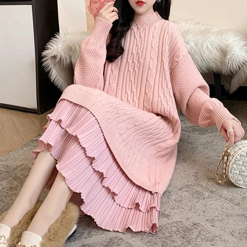 Free / Pink 2024 spring new arrival fashion lady mock collar long sleeve lace oversized pink sweater dress
