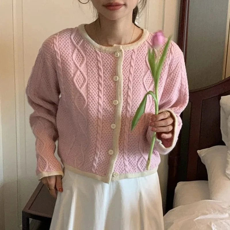 Free / Pink 2024 Spring woman new arrival crew neck long sleeve elegant cardigan vintage style sweater coat