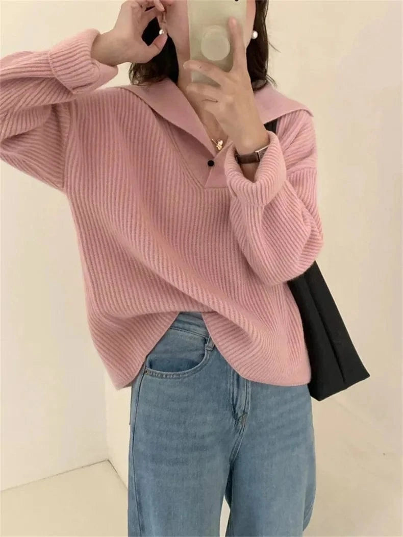 Free / Pink 2024 Spring women new arrival big turn-down neck long sleeve loose cable knit jumper sweater pullover
