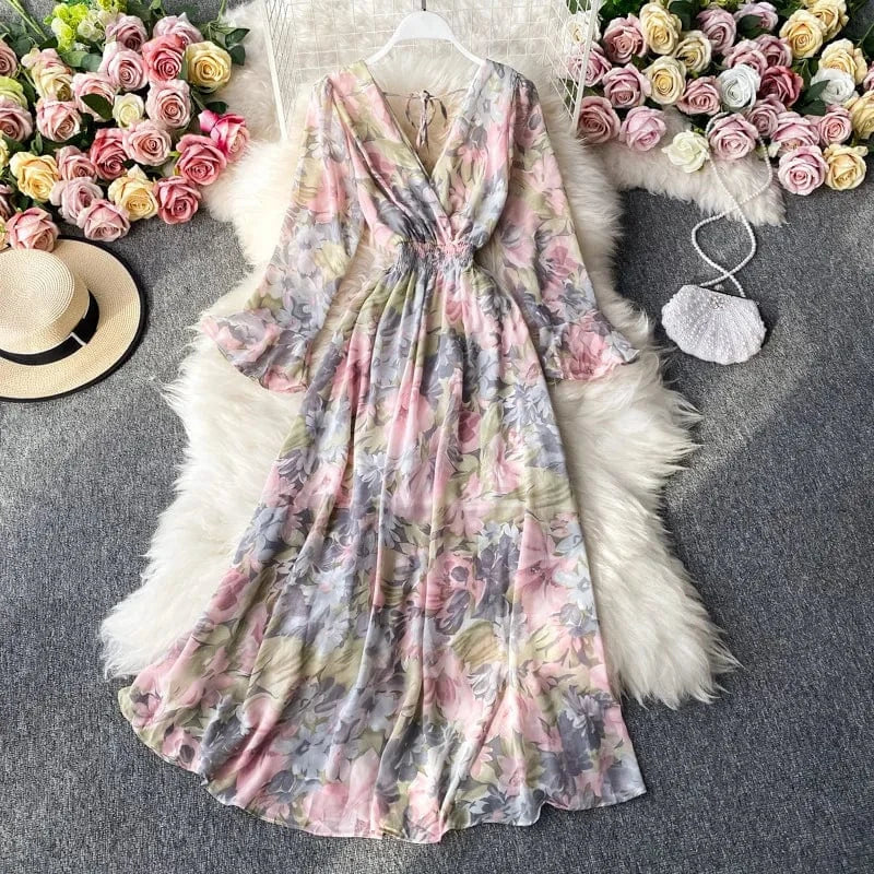 Free / Pink ANSZKTN New Korean Style Floral Print Long Sleeve Casual A Line V Neck Dresses Women Lady Elegant