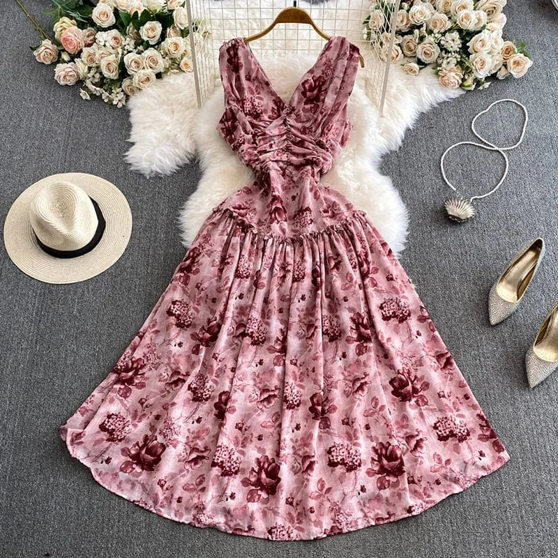 Free / Pink Fashion Sexy Temperament Women's Dress Summer Casual Retro Backless 2024 Hepburn Big Hem Korean V-neck A-line Long Dresses Khaki