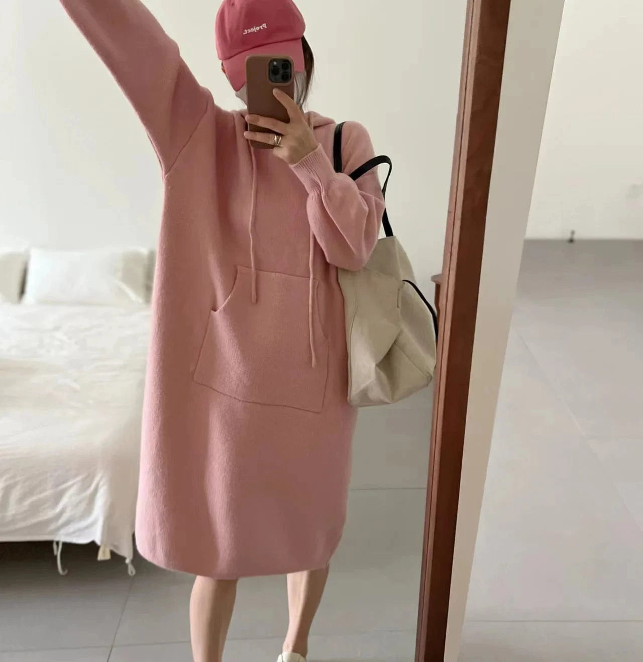 Free / Pink Lady Autumn Casual Hooded Dress Oversized Sweatshirt  Long Sleeve Loose Pocket Split Sweater Dress For Women