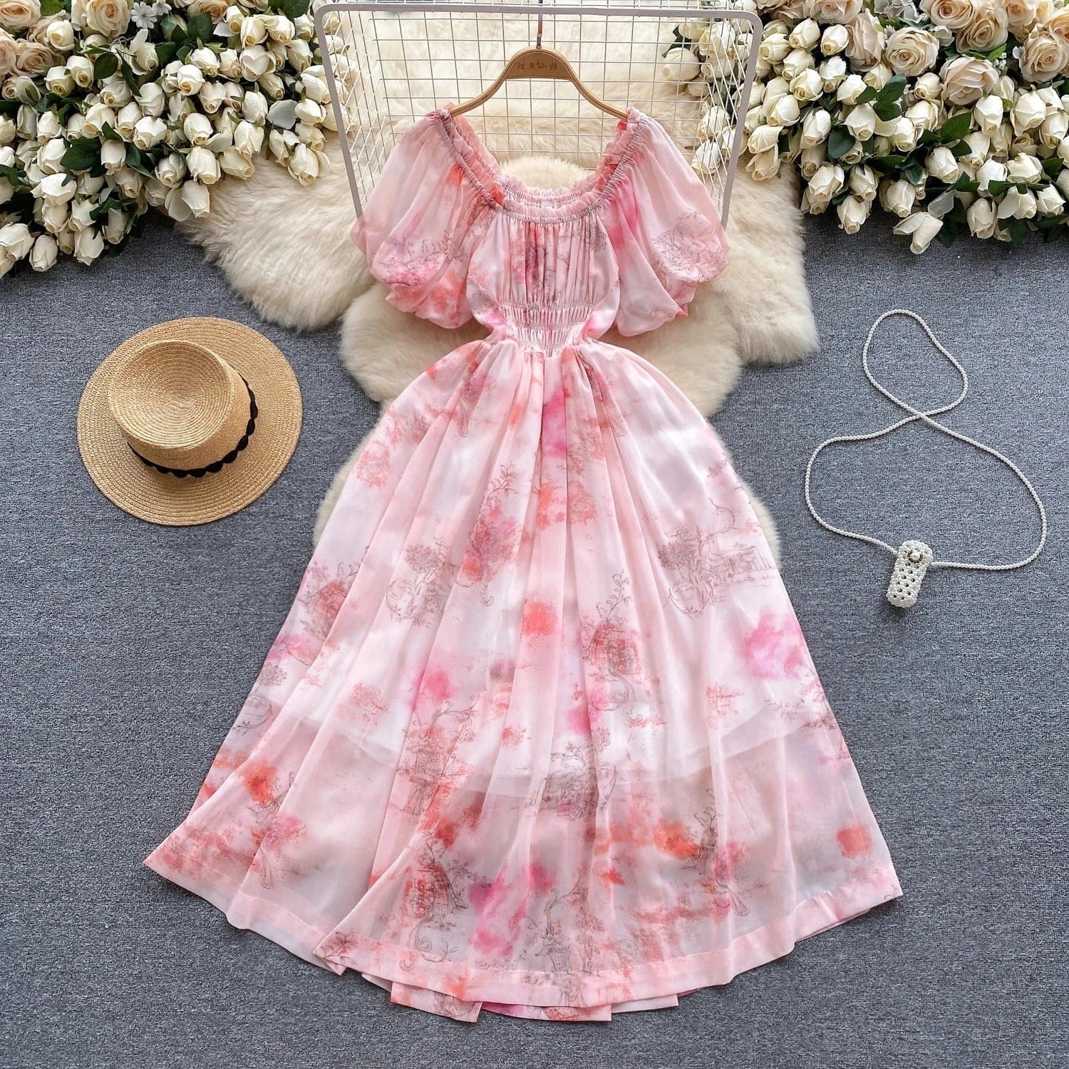 Free / Pink New 2024 Korean Chic Floral Print Puff Sleeve Slim Waist Dress Women Dresses Wholesale