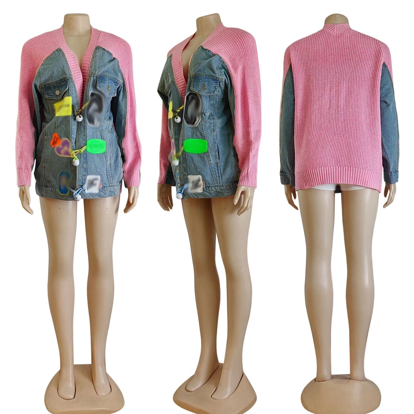 Free / Pink New Product Ideas 2024 Fashion Patchwork Denim Knit Cardigan Coat Embroidery Knitted Cardigan Sweater For Women