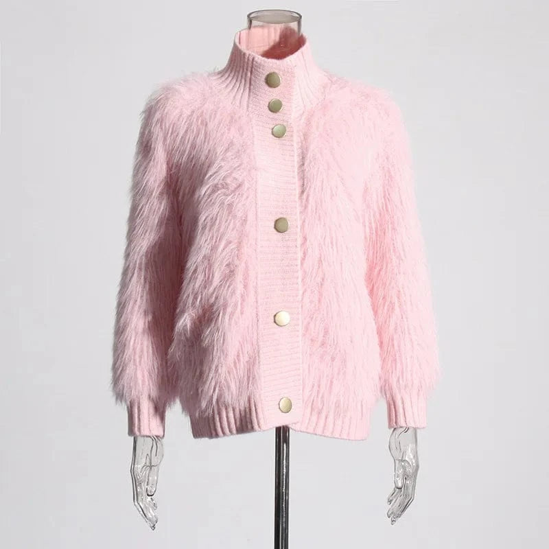 Free / Pink OUDINA Women's Clothing Knitted Solid Color Sweater 2024 Spring New Style Half Turtleneck Mink Fur Ladies Sweaters