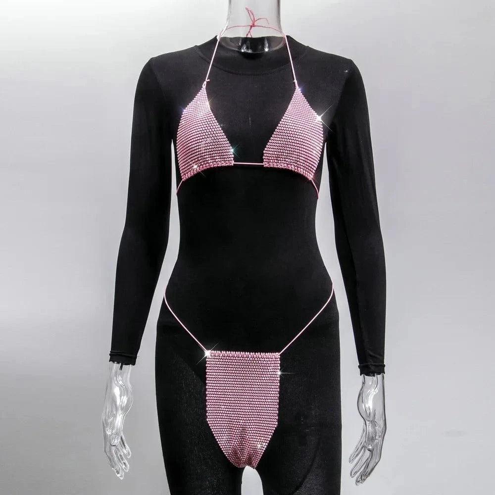 Free / Pink Plaid flashing diamond bikini suit sexy lingerie suit sexy hot girl bikini beachwear feminine two-piece bra and panty suit