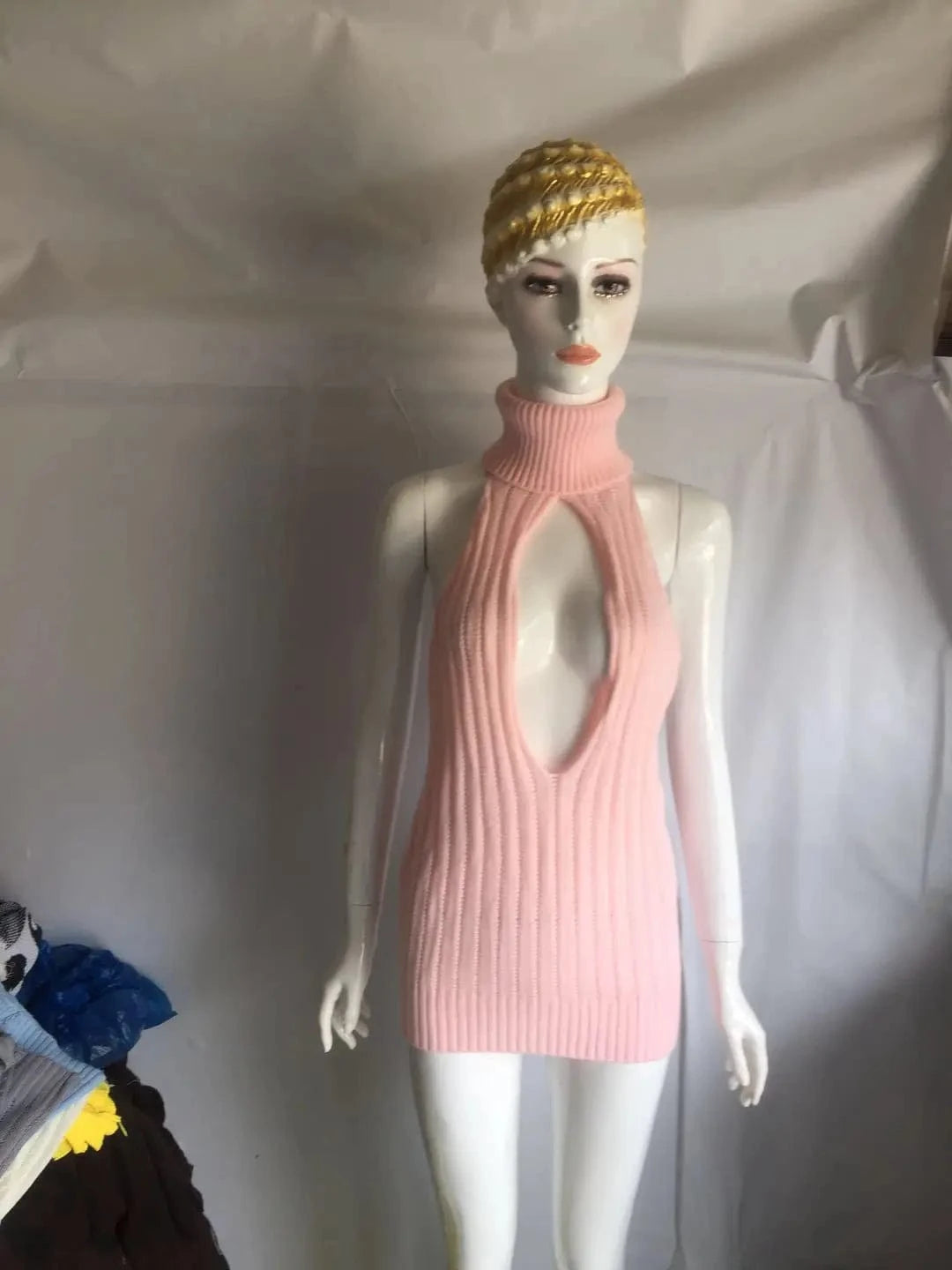 Free / Pink Sexy Hollow High Collar Knitted Dresses Women Casual Backless Mini Girl Dresses 2024