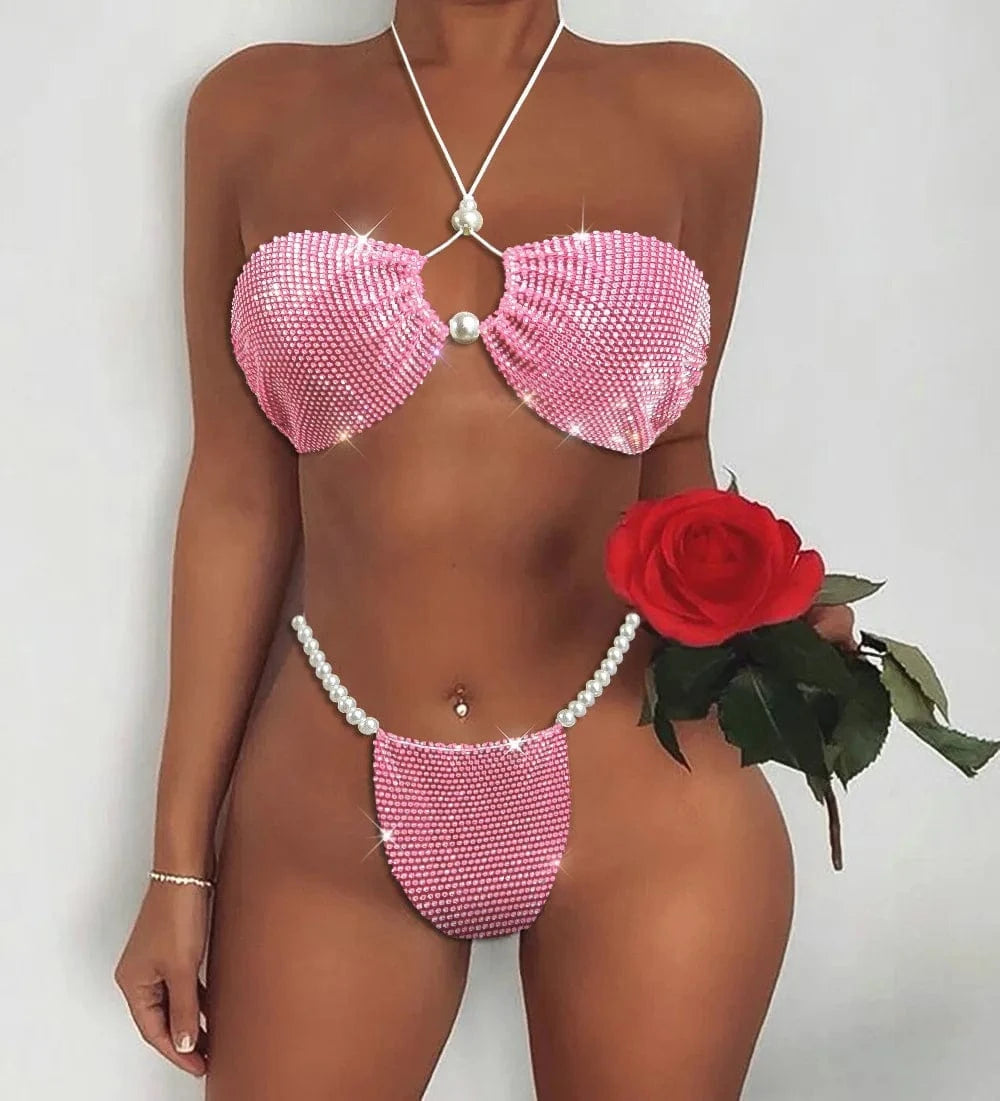 Free / Pink Sexy Particles Hot Diamonds Chest Triangle Rhinestones Pearl Bikini Sexy Babes Bikini Beachwear Women's Two-piece Bra Set