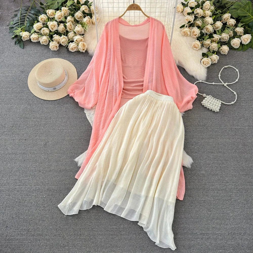 Free / Pink Spring New Sunscreen Cardigan Knitted Camisole Vest High Waist Slimming A-line Skirt Women's Set