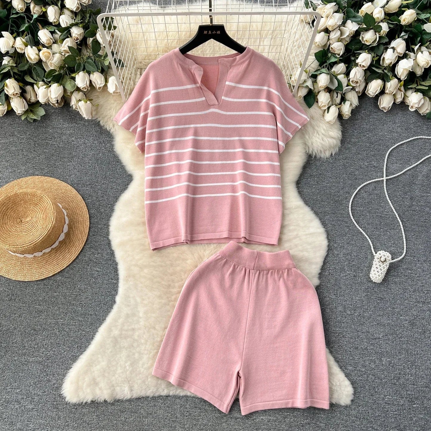 Free / Pink Women's 2024 New Spring summer Casual Set Striped Knitwear Loose and Versatile Wide Leg Shorts Two Piece Set