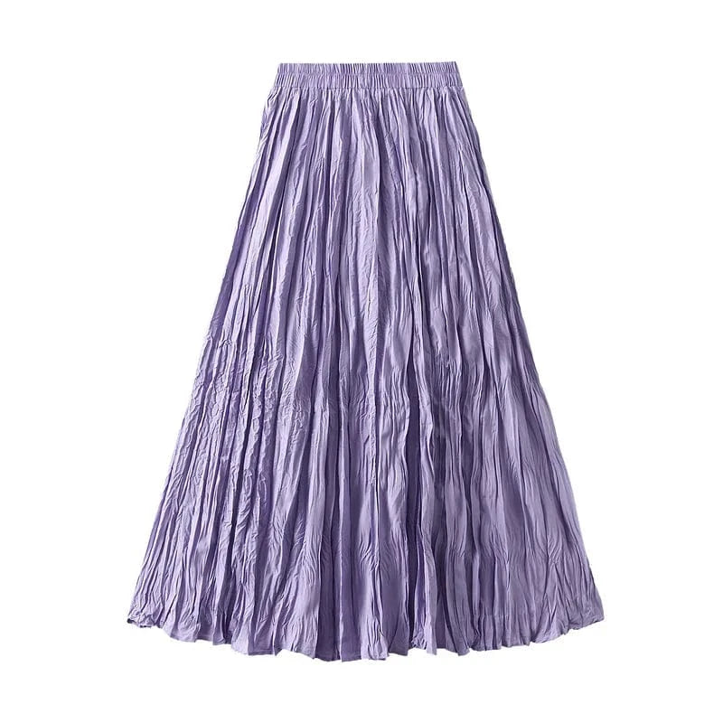 Free / Purple 15 Colors Pleated Long Maxi Skirts Women Solid Color Casual Kawaii 2024 Spring Summer Elastic Waist Skirt Lining Luxury Faldas