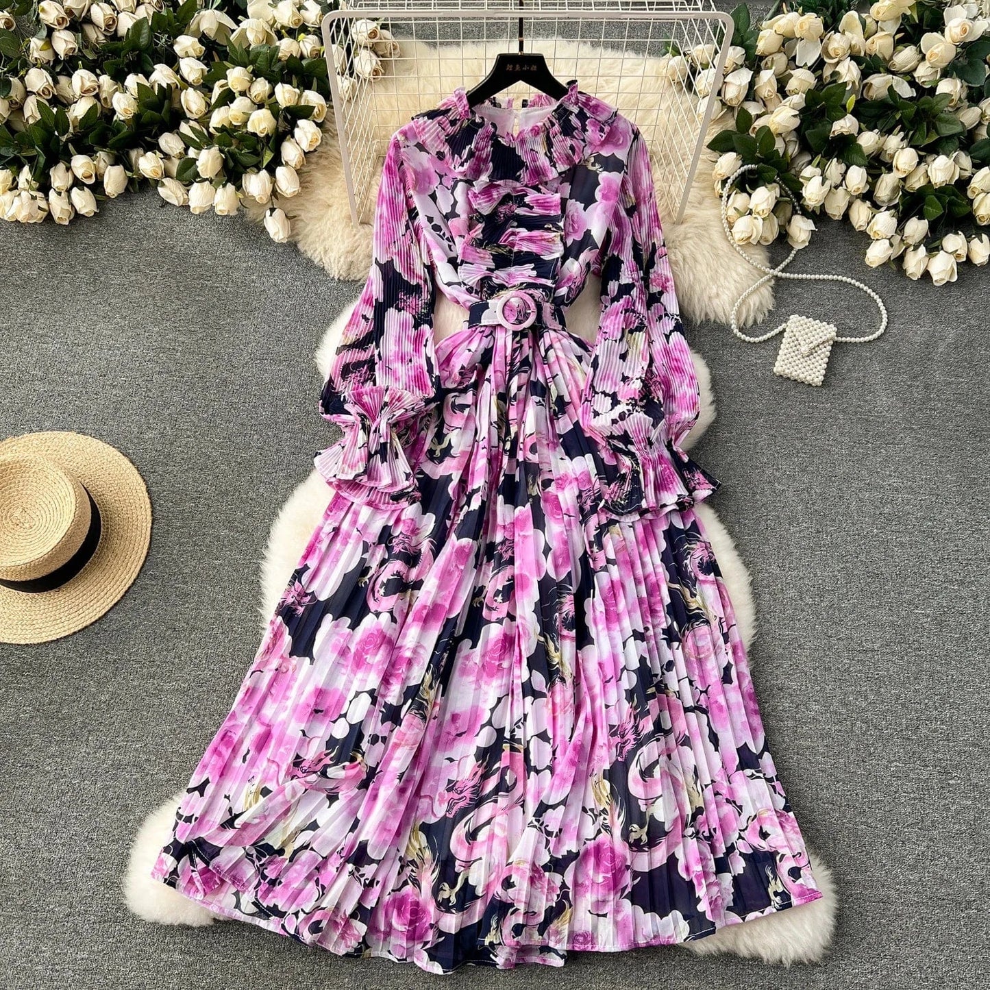 Free / Purple 2024 New Dress Women's Sweet Auricularia Ruffle Collar Slim Fit Mid length Printed Chiffon Pleated Skirt
