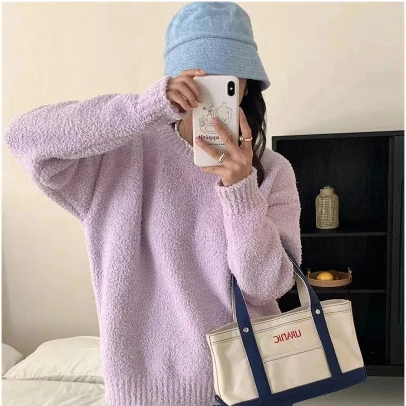 Free / Purple 2024 Spring women new arrival crew neck long sleeve loose soft cable knit pullover sweater jumper