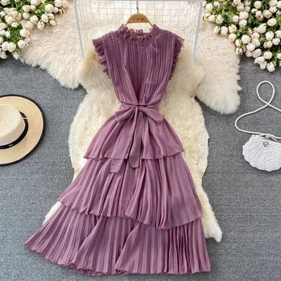 Free / Purple 2024 summer new Korean style dress temperament slim mid-length cake dress solid color stand collar pleated dress