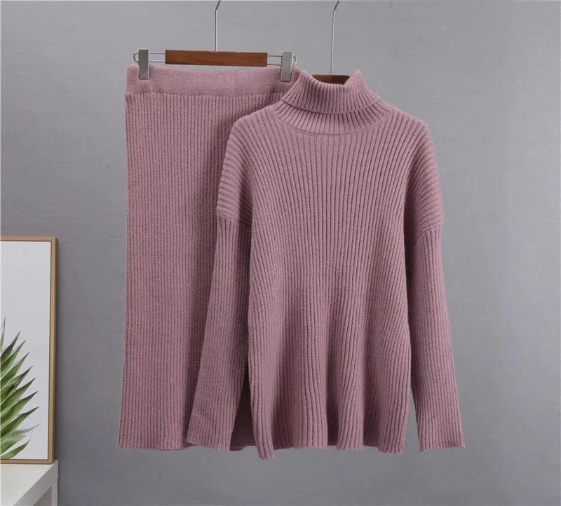 Free / Purple Autumn and winter fashion new lazy knitting suit ladies pit striped half-body skirt  turtleneck sweater loose warm two-piece set