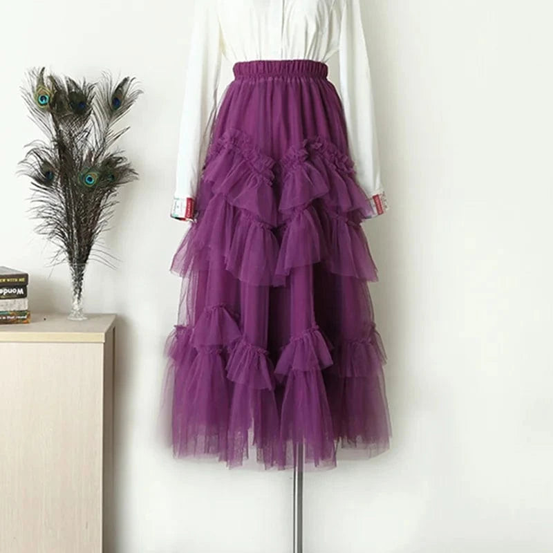 Free / Purple Black Patchwork Mesh Skirt For Women High Waist Casual Ball Gown Skirts Female Fashion New Clothes 2024 Spring