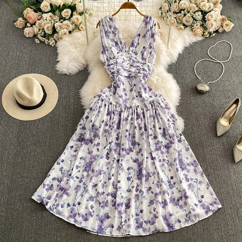 Free / Purple Fashion Sexy Temperament Women's Dress Summer Casual Retro Backless 2024 Hepburn Big Hem Korean V-neck A-line Long Dresses Khaki