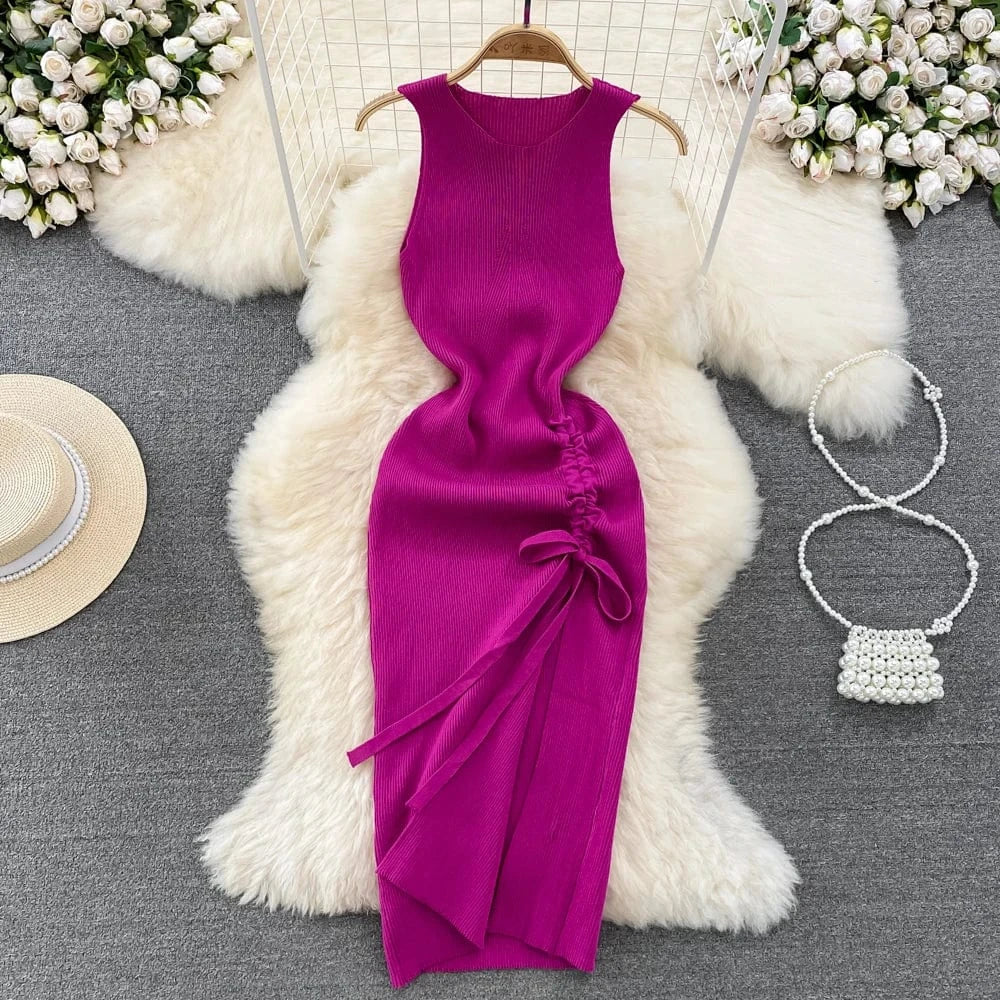 Free / Purple Hot Sale Sexy Vest Dress Summer Fashion Round Neck Backless Dress Lady Sleeveless Slit Knitted Sheath Dress