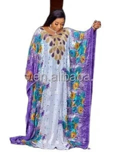 Free / Purple J&H 2024 African Muslim Dresses For Women Eid Al-fitr Chiffon Robe Boubou Muslim Puff Sleeve Printed Robe