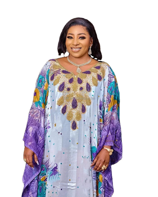 Free / Purple J&H 2024 African Muslim Dresses For Women Eid Al-fitr Chiffon Robe Boubou Muslim Puff Sleeve Printed Robe