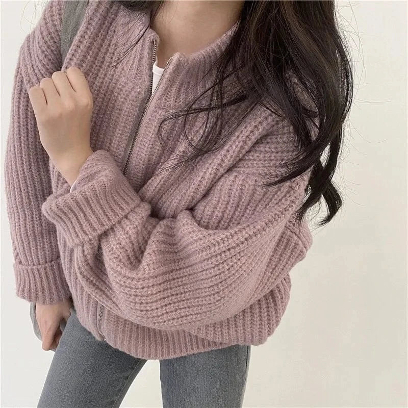 Free / Purple Liu Ming Korean Style Fashion Women Casual Warm Zipper Loose Jacket Coats Knitting Sweater