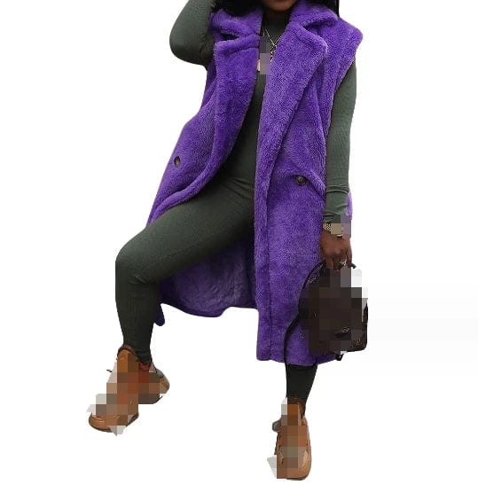 Free / Purple New Winter Ladies Thicken Plush Coat Solid Lapel Sleeveless Cardigan Fashion Long Cardigan Coat For Women