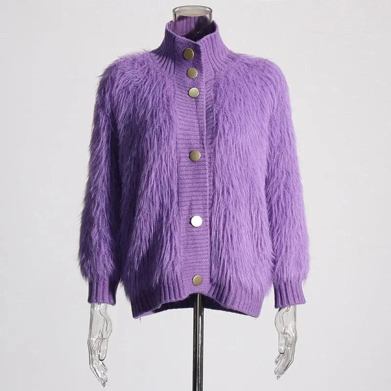 Free / Purple OUDINA Women's Clothing Knitted Solid Color Sweater 2024 Spring New Style Half Turtleneck Mink Fur Ladies Sweaters