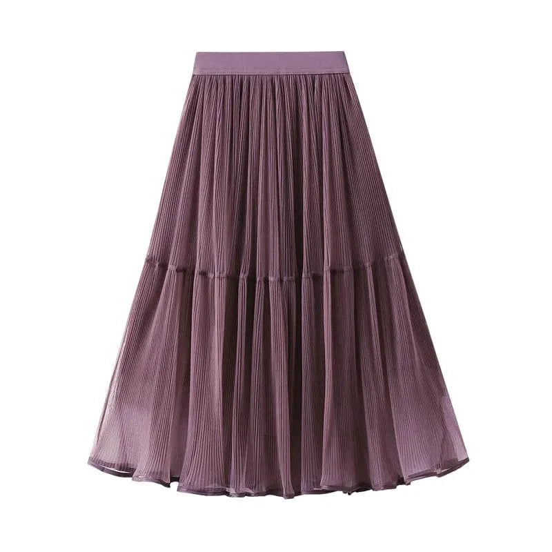 Free / Purple Spring Autumn Mesh Pleated Skirts Ladies Elegant Casual Korean Fashion Mid-Length Slim Long Skirt Women Patchwork Black Faldas