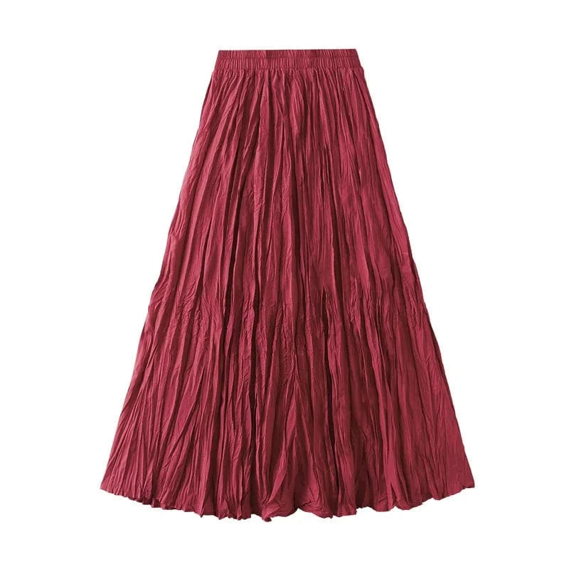 Free / Red 15 Colors Pleated Long Maxi Skirts Women Solid Color Casual Kawaii 2024 Spring Summer Elastic Waist Skirt Lining Luxury Faldas
