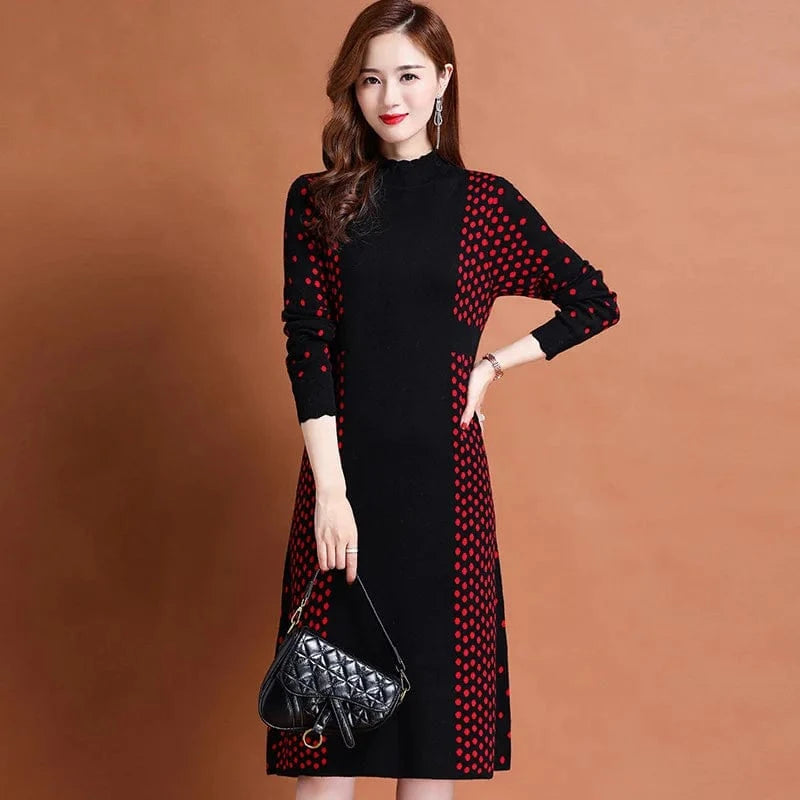 Free / Red 2024 autumn winter new arrival fashion lady mock collar long sleeve body fit patchwork dot print women sweater dress