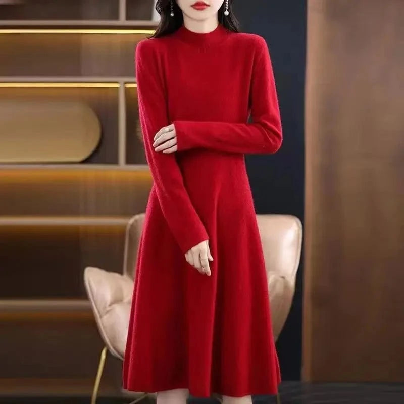 Free / Red 2024 Spring new arrival fashion lady middle high neck long sleeve slim fit high waist loose hip women sweater dress