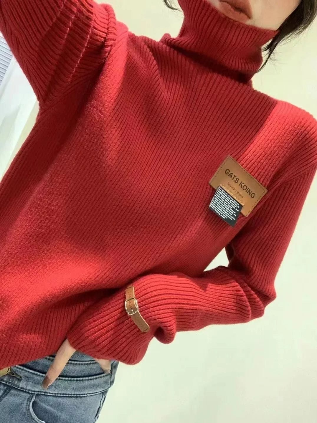 Free / Red 2024 Spring new arrival Ladies turtleneck long sleeve loose comfortable label women sweater jumper