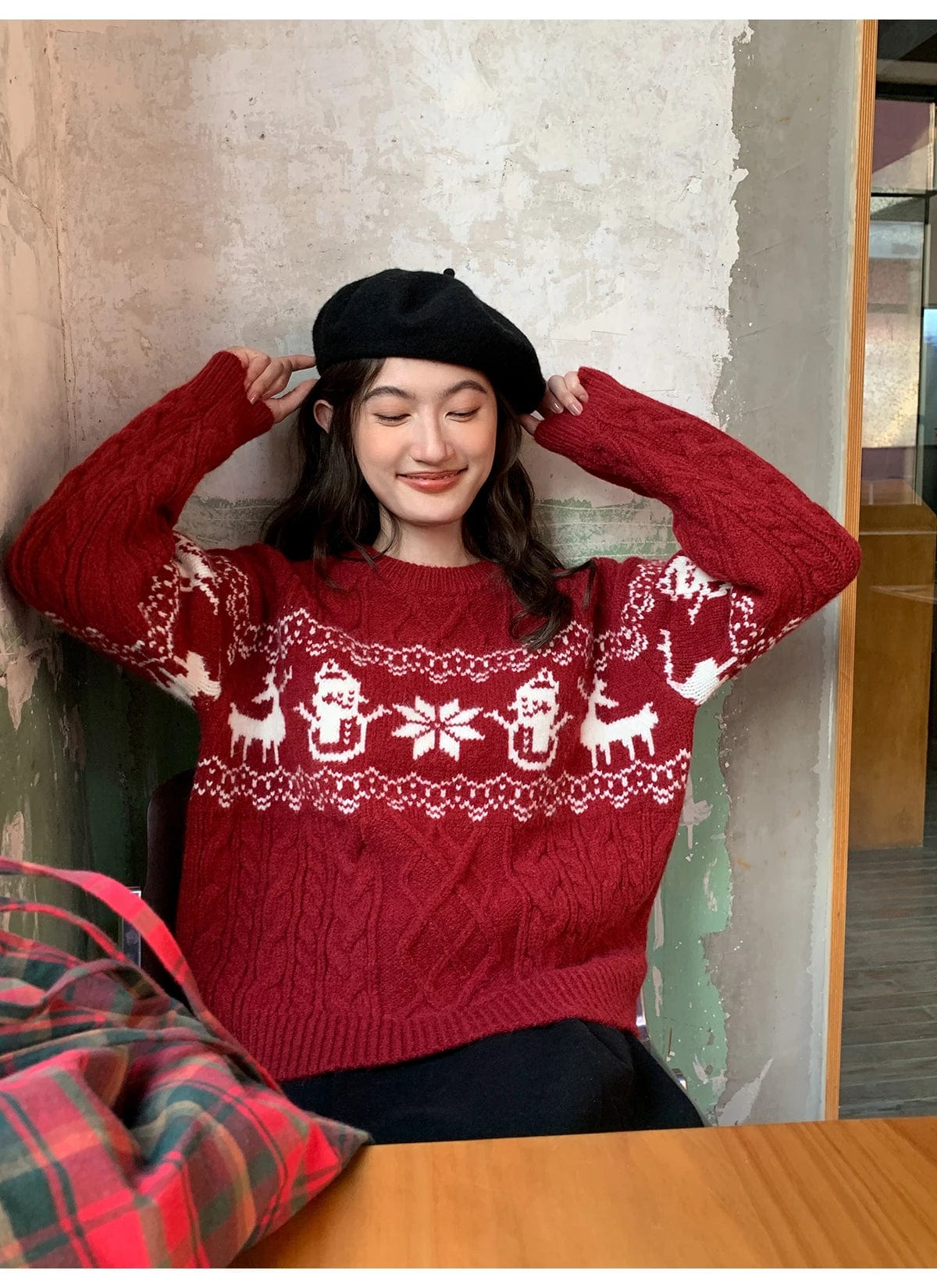 Free / Red 2024 Spring new arrival neck long sleeve loose christmas  new year jacquard sweater jumper