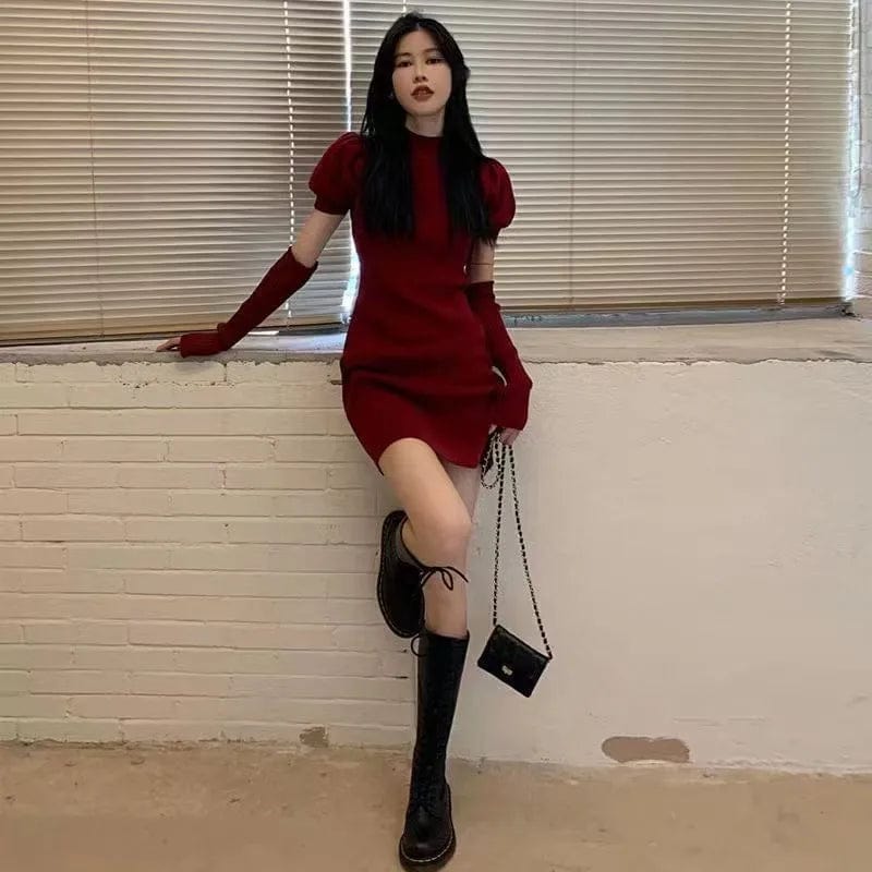 Free / Red 2024 spring new arrival office lady short sleeve slim fit dress with long sleeve 2 piece sweater set