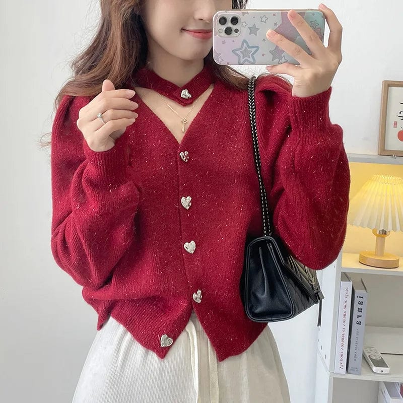 Free / Red 2024 Spring new arrival v-neck long sleeve solid halter sexy sweater cardigan