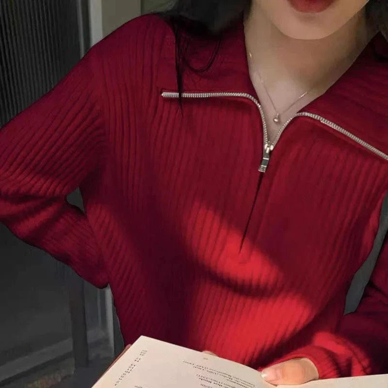 Free / Red 2024 Spring women new arrival zipper mock neck long sleeve loose cable knit jumper sweater pullover