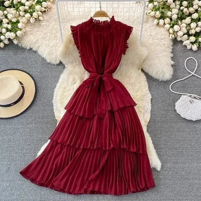Free / Red 2024 summer new Korean style dress temperament slim mid-length cake dress solid color stand collar pleated dress