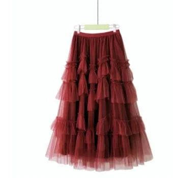 Free / Red Black Patchwork Mesh Skirt For Women High Waist Casual Ball Gown Skirts Female Fashion New Clothes 2024 Spring