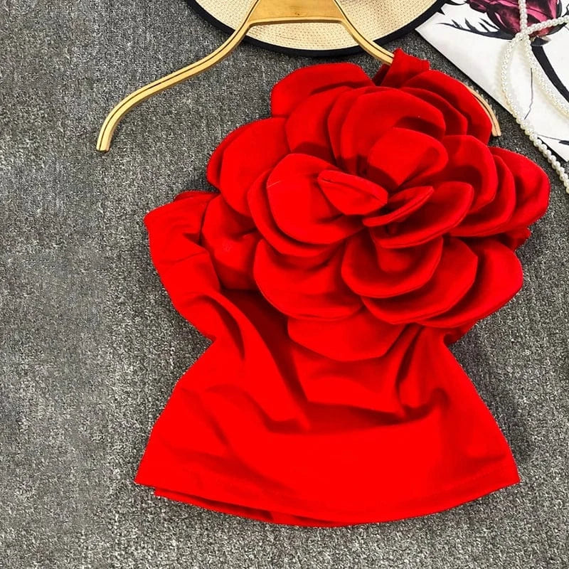 Free / Red CHICEVER Diagonal Collar Sleeveless Patchwork Appliques Vest Crop Tops For Women 2024