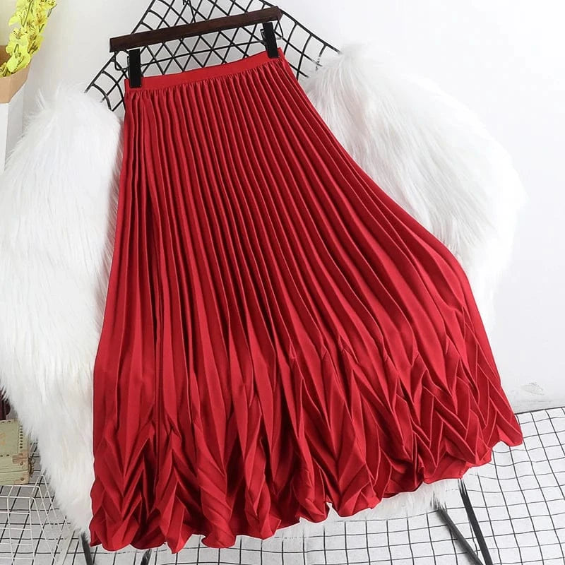 Free / Red New Fashion Spring Autumn Pleated Skirts for Women High Quality Elegant Casual Korean Chic Kawaii Long A-line Skirt Woman Cloth
