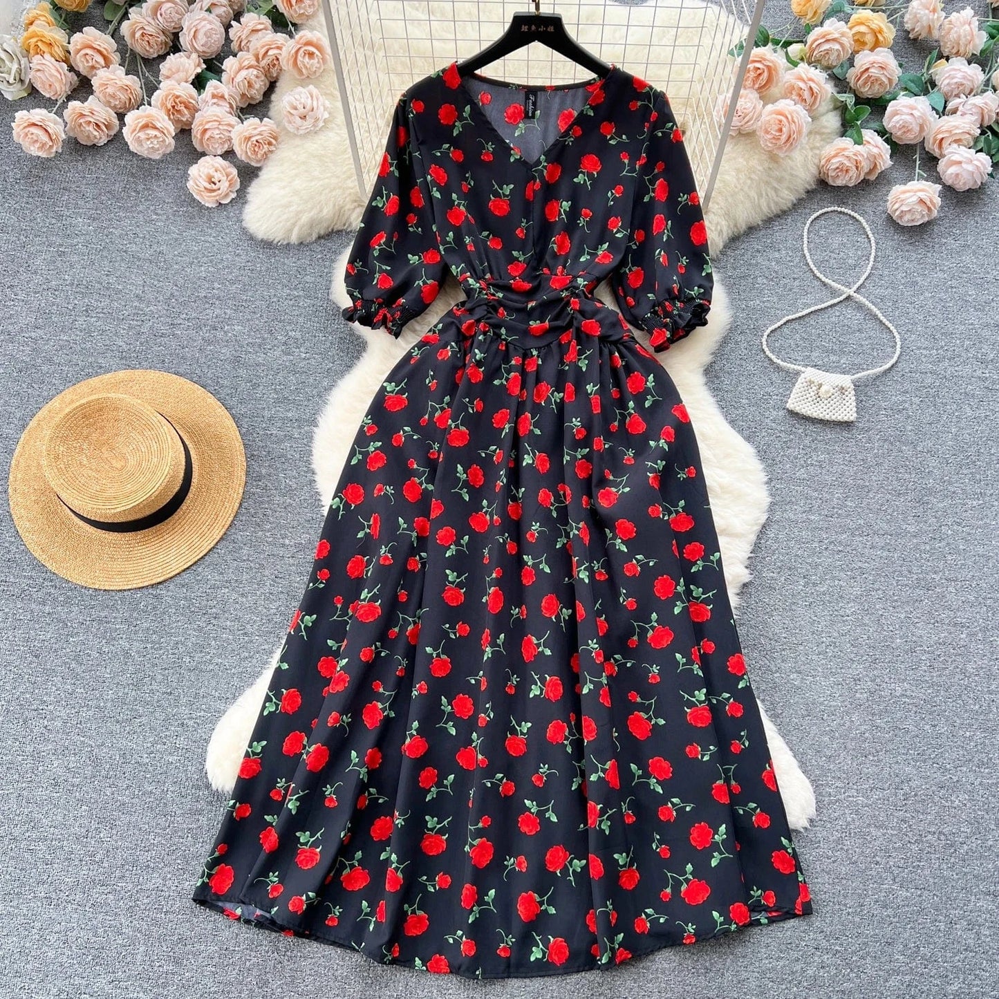 Free / Red Pastoral French Fragmented Flower Bubble Sleeves Dress for Women Slim Waist Beach Vacation Dress