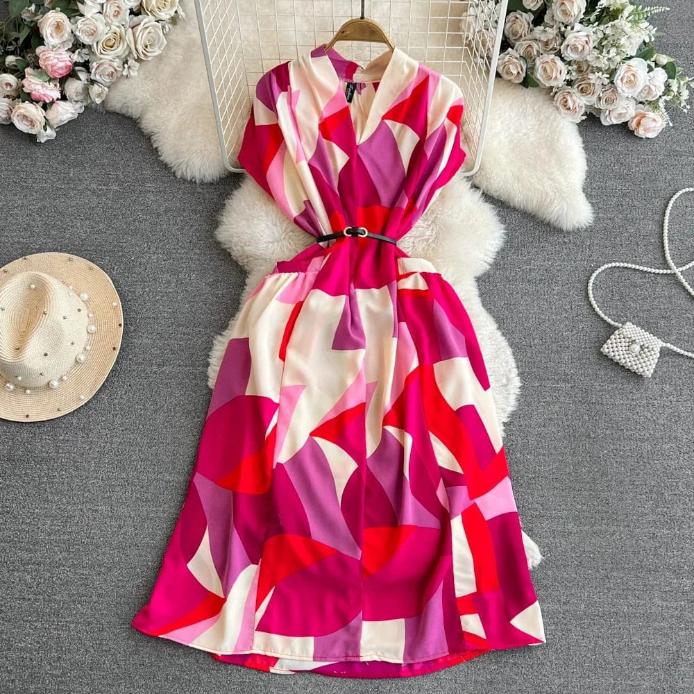 Free / Red Women's Bohemian Seaside Vacation Beach Short Sleeve V-Neck Long a-Line Printed Casual Dresses