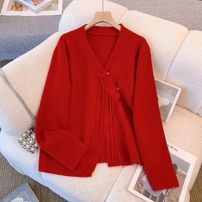 Free / Red Women's sweater cardigan women 2024 new coat senior sense fashion V-neck long sleeve loose knit top