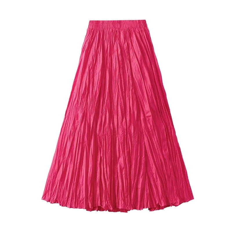 Free / Rose Madder 15 Colors Pleated Long Maxi Skirts Women Solid Color Casual Kawaii 2024 Spring Summer Elastic Waist Skirt Lining Luxury Faldas