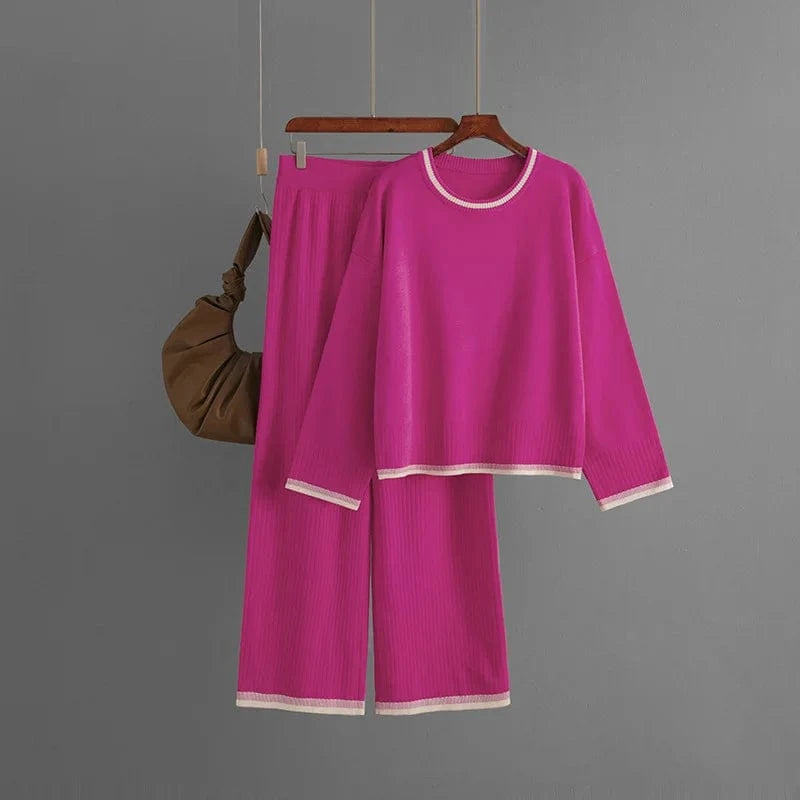 Free / Rose red 50% Off Wholesale Autumn Winter Cross Border Round Neck Solid Color Sweater Knit Women's Warm Winter Two Piece Knit Sweater Sets