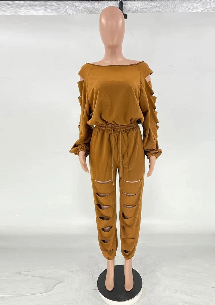 Free Sample Elegant Cutout Holed Two 2 Piece Set Outfits Sloping Shoulder Crewneck Tracksuit Plain Long Sleeve Sweatsuit Set