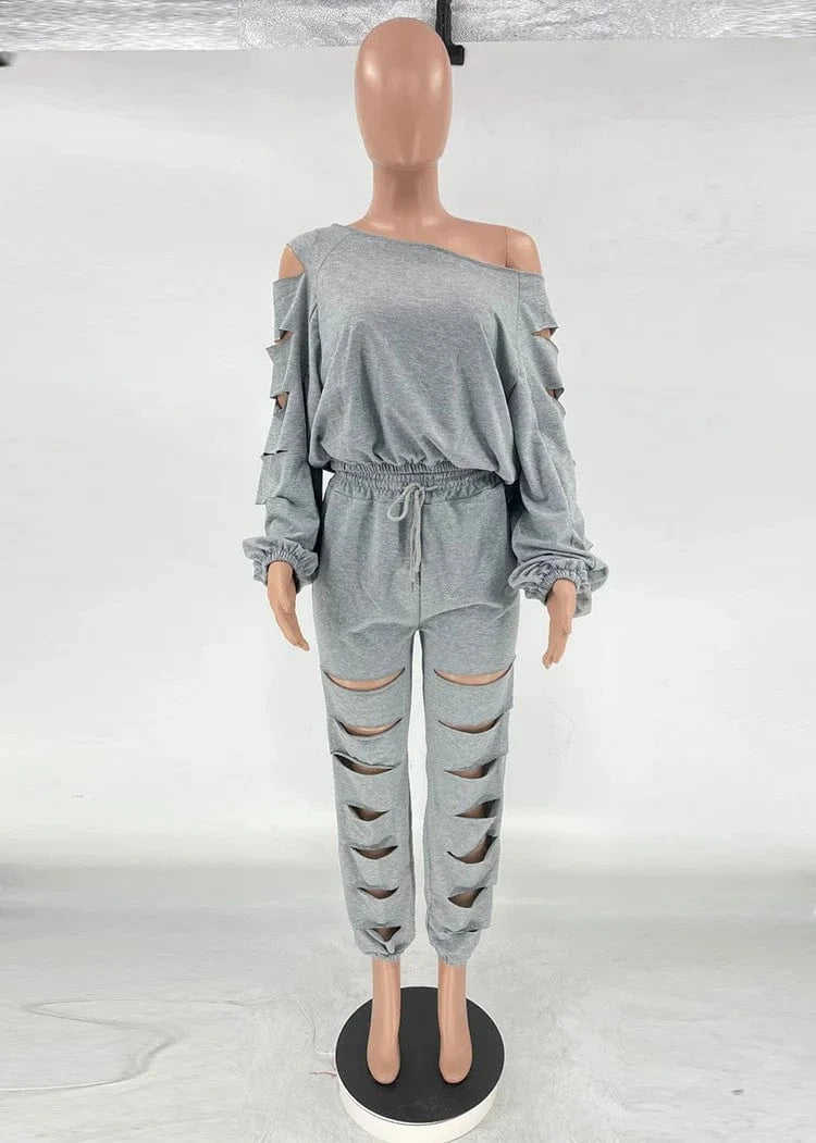 Free Sample Elegant Cutout Holed Two 2 Piece Set Outfits Sloping Shoulder Crewneck Tracksuit Plain Long Sleeve Sweatsuit Set